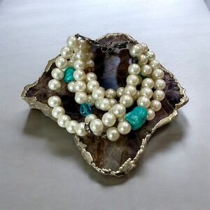Foree Sterling Silver Faux Pearl Turquoise Multi Strand Cuff Bracelet Vintage